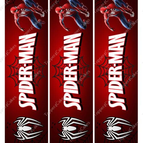 Three identical bookmarks showcase a superhero in a red and blue costume with a spider emblem, similar to the Edible Spiderman Ribbon. "SPIDER-MAN" is boldly displayed in white letters on a red web-patterned background.