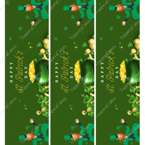 A festive St. Patrick's Day design features a leprechaun surrounded by shamrocks and a pot of gold, with "Happy St. Patrick's Day" written in vibrant text. The green background is enhanced with gold accents that echo the distinctive style of an Edible Barcelona Ribbon, adding a unique touch to the celebration.