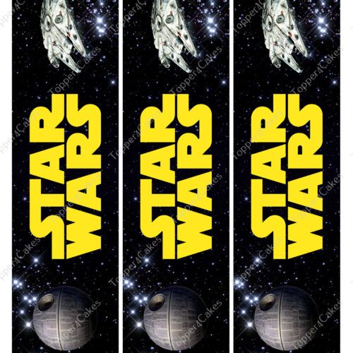 Three vertical Star Wars-themed bookmarks display the iconic yellow Star Wars logo on a black starry background. Each bookmark features the Millennium Falcon and the Death Star in space.