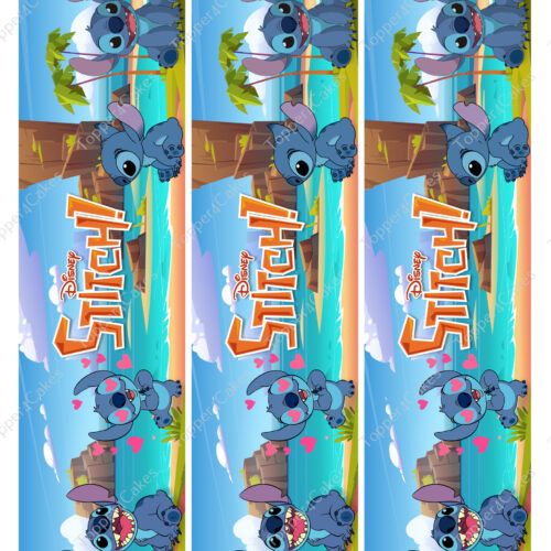 Three vertical bookmarks featuring Stitch from Disneys Lilo & Stitch. Stitch is depicted in various playful poses against a backdrop of a tropical beach scene under a blue sky. The text Disney Stitch is prominently displayed at the top.