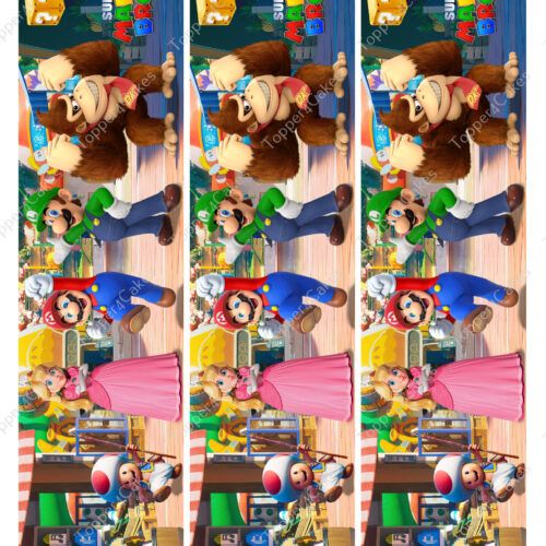 A vibrant scene showcasing animated characters on a postcard embellished with an Edible Super Mario Ribbon. Three identical vertically aligned panels exhibit cherished video game icons, such as a princess, a red-hatted plumber, and a large gorilla.