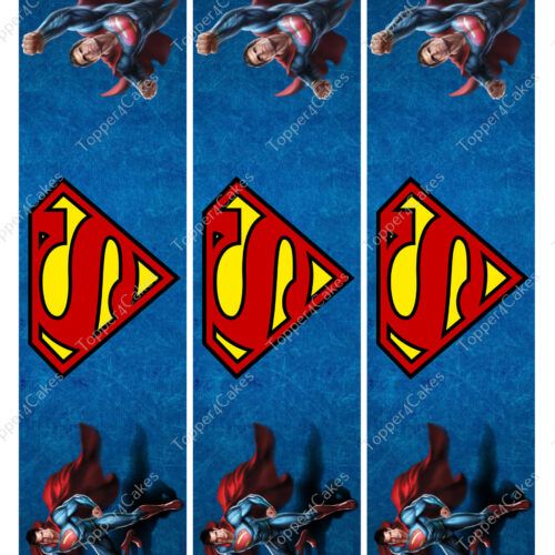 Three vertical strips on a blue background showcasing illustrations of a superhero in a red cape soaring high, adorned with the iconic red and yellow S logo, evoke the vibrant and dynamic spirit of an Edible Barcelona Ribbon adventure.