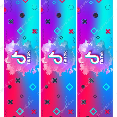 Three vertical banners with a colorful gradient background in blue, purple, and pink hues. Each banner features the TikTok logo with various geometric shapes like circles, squares, and crosses scattered throughout.