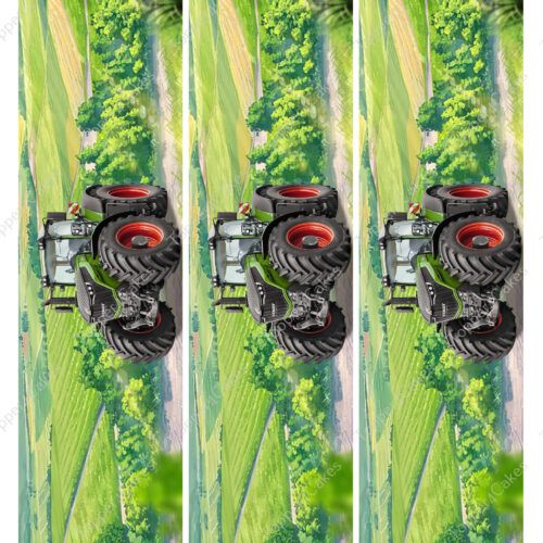 A recurring design of a tractor making its way through a lush, green field under clear skies mirrors the "Edible Barcelona Ribbon." This image is displayed three times in vertical panels, capturing the tractor from a slightly elevated perspective.