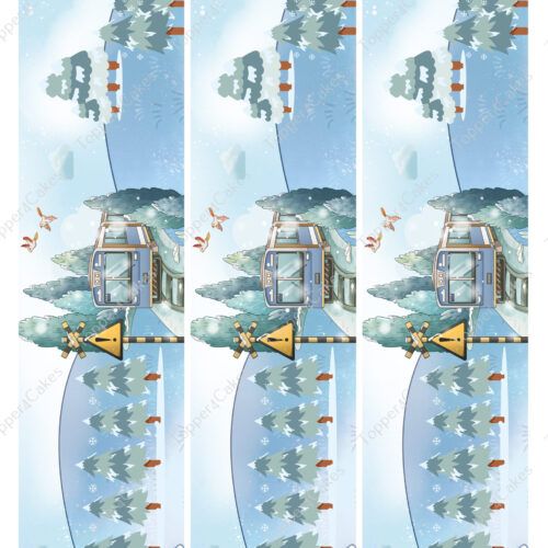 An illustrated wintry scene features a train crossing snowy tracks amid pine trees, capturing the charm of whispers about Barcelona. Birds soar alongside snowflakes, reminiscent of the detailed artistry embodied in the Edible Barcelona Ribbon. This enchanting image is repeated three times vertically.
