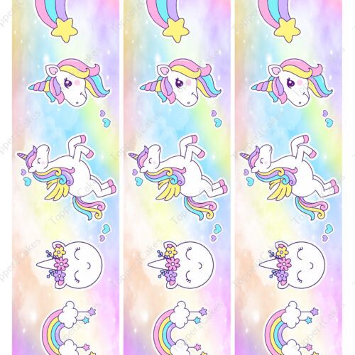 A charming design with an edible unicorn ribbon, set against a pastel rainbow backdrop, showcases three identical sections. Each section is adorned with whimsical elements like unicorns, rainbows, clouds, stars, hearts, and small pastel-colored decorations.