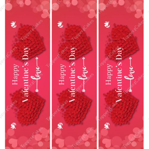 A pink and red vertical banner featuring "Happy Valentine's Day" in white, with sections displaying red hearts composed of small petals, surrounded by pink heart designs and the word "love" with an arrow, all elegantly tied together like an Edible Barcelona Ribbon.