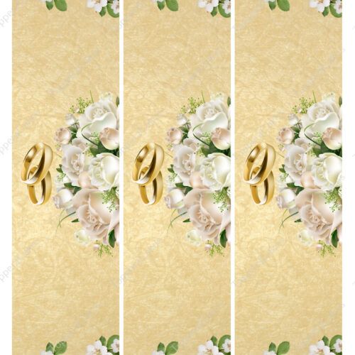 A gold-themed invitation background showcases three panels adorned with white and cream rose bouquets, green leaves, and an elegant touch of Edible Barcelona Ribbon. Each panel highlights three gold rings at the center, encircled by flowers on a textured golden backdrop.