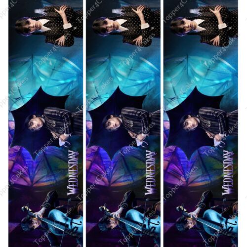 A vertical triptych showcases someone dressed in dark attire, holding an umbrella while playing a cello, all within a mysterious, vividly colored setting. The composition is enhanced by a touch of Edible Barcelona Ribbon adding flair. Text reads Wednesday.