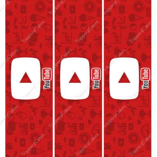 Three vertical red banners feature the white YouTube logo with a play button symbol. The background is filled with faint icons related to video and entertainment.