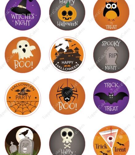 Add charm to your cupcakes with twelve edible Halloween cupcake toppers, featuring designs such as a witch's hat, pumpkins, ghosts, and phrases like "Boo!" and "Trick or Treat." They come with colorful backgrounds in orange, black, and purple.