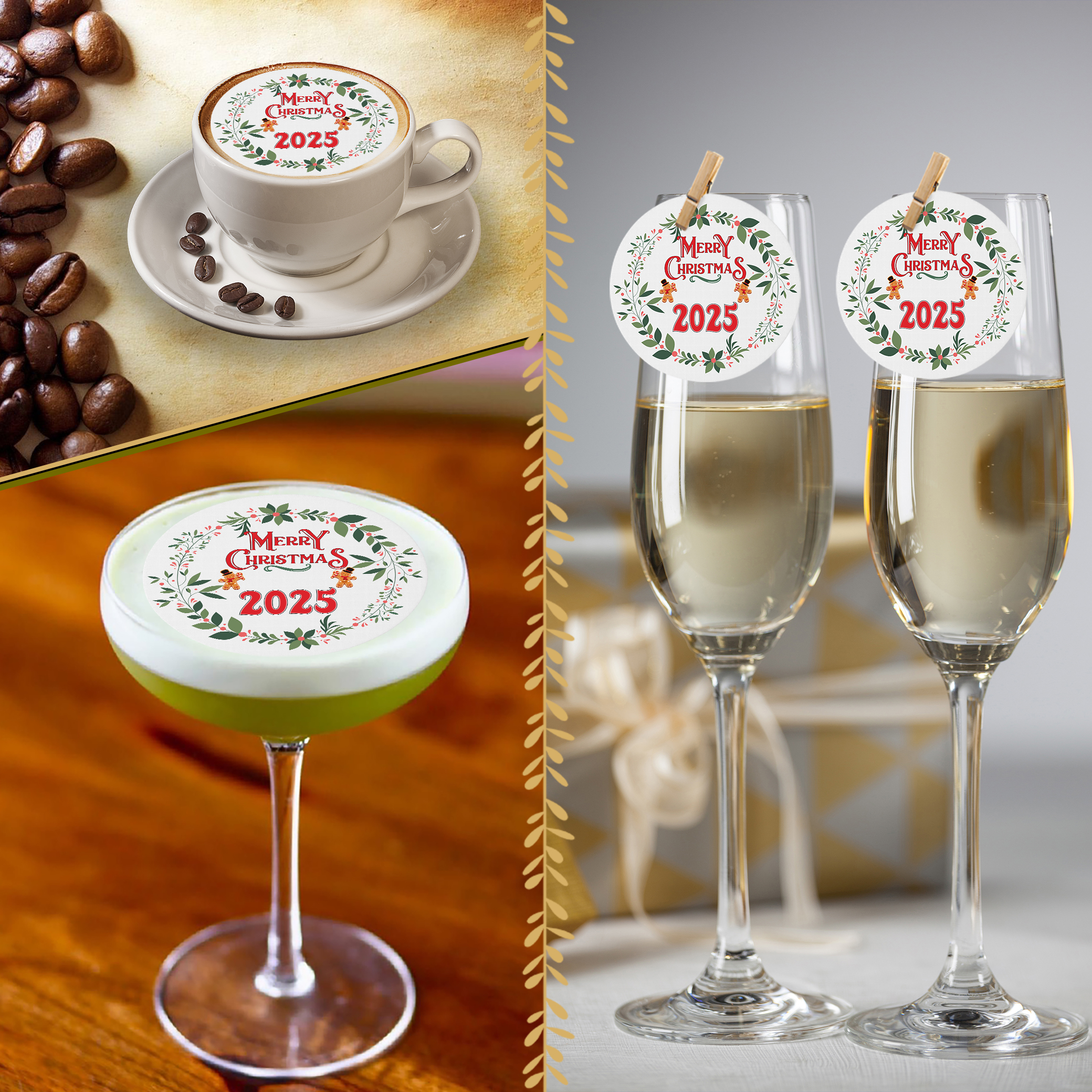 A split image displays a cappuccino, cocktail, and two champagne glasses topped with Merry Christmas Edible Drinks Toppers, each featuring festive 2025 red and green wreath designs.