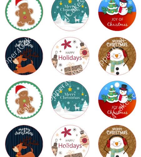 Twelve circular Christmas-themed stickers featuring images of gingerbread men, reindeer, snowmen, and holiday messages like Merry Christmas, Joy of Christmas, and Happy Holidays. Each design has a festive color palette.