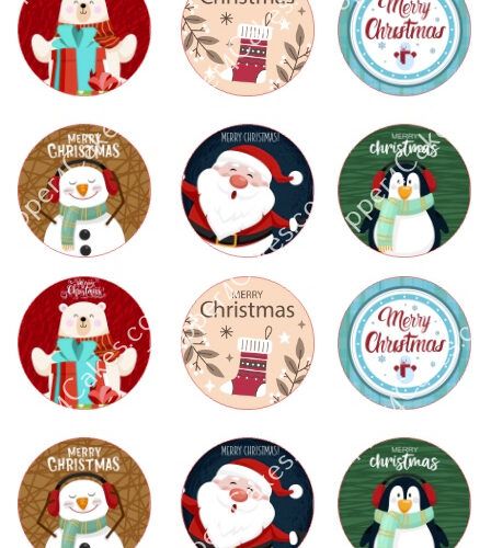 Twelve round Christmas-themed stickers featuring a bear, Santa, a penguin, and a snowman, each in festive attire. The stickers have variations in background colors and designs, with Merry Christmas printed on each.