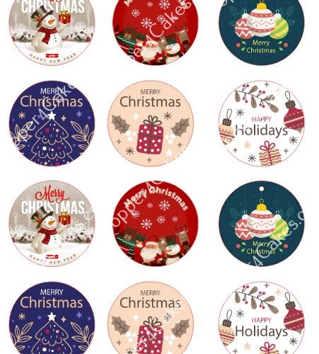 A grid of twelve round Christmas-themed stickers. Designs include snowmen, Christmas trees, gifts, ornaments, and the words Merry Christmas and Happy Holidays in various colors and styles.