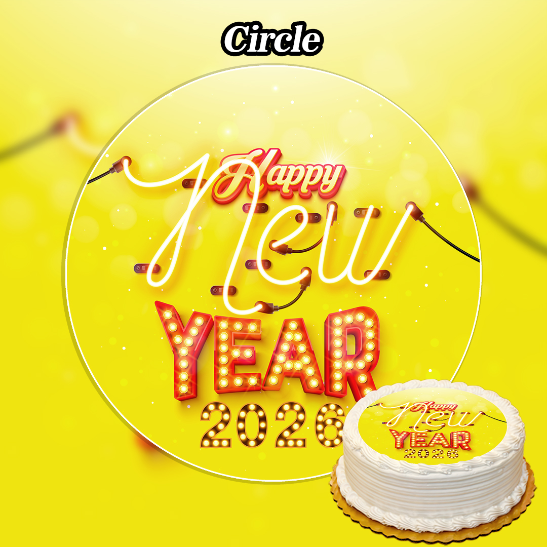 A bright yellow Happy New Year 2026 scene features glowing marquee letters, string lights, and a cake in the foreground decorated with the Edible Happy New Year Topper.