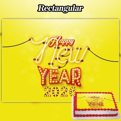 A rectangular cake with white icing, red trim, and "Happy New Year 2026" in yellow and red letters is topped with the Edible Happy New Year Topper to match the festive yellow New Year banner in the background.