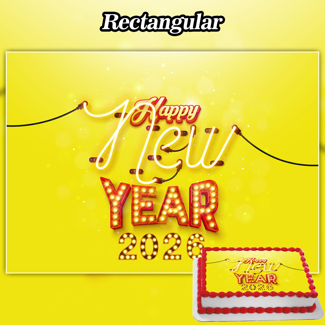 A rectangular cake with white icing, red trim, and "Happy New Year 2026" in yellow and red letters is topped with the Edible Happy New Year Topper to match the festive yellow New Year banner in the background.