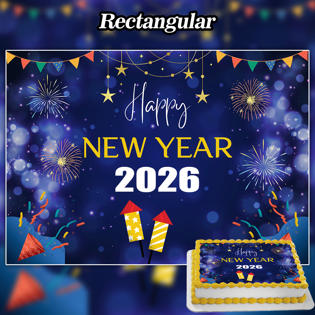A festive rectangular banner features bold "Happy New Year 2026," fireworks, confetti, party hats, rockets, and a matching cake in the corner decorated with an Edible Happy New Year Topper on a blue background.