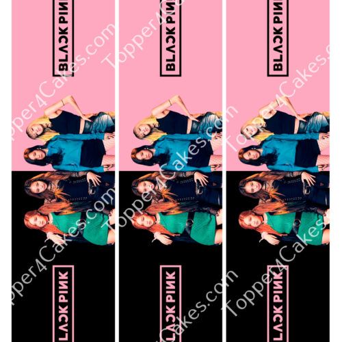 Four women posing together with vibrant outfits on a pink and black split background. The name BLACKPINK is prominently featured in a stylized text. The image is repeated three times vertically, and TopperCakes.com appears in white diagonal text.