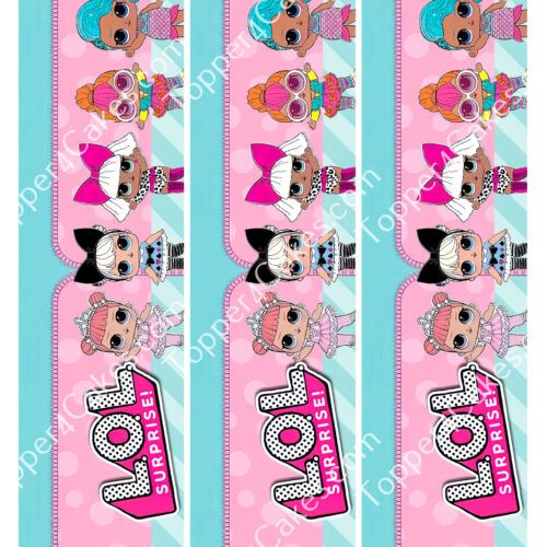 Colorful bookmarks featuring cartoon characters from the LOL Surprise series, each with distinct outfits and accessories. The background is pink with white polka dots and the text LOL Surprise! is prominently displayed.