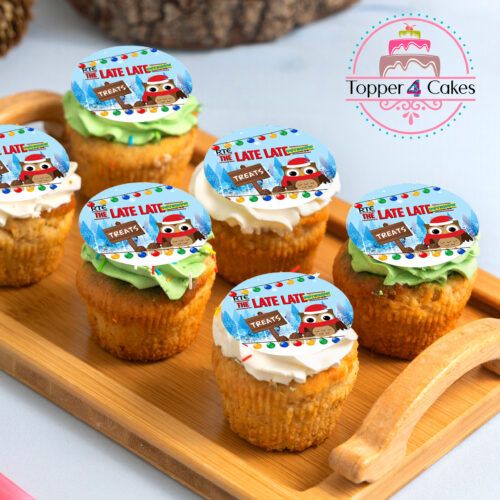 Six cupcakes on a wooden tray with edible cartoon character images and THE LATE LATE text, using The Late Late Toy Show Cupcake Toppers. Two have white frosting, four have green, with a Topper 4 Cakes logo in the top right corner.