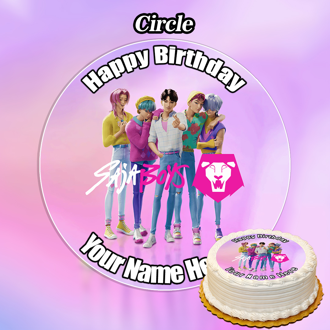 A round birthday cake with the Edible Saja Boys Kpop Demon Hunters Cake Topper, featuring five animated boys, the Soda Boys logo, and your custom message. Ideal for fans wanting Personalised Liverpool Cake Decorations or a unique Kpop cake topper.