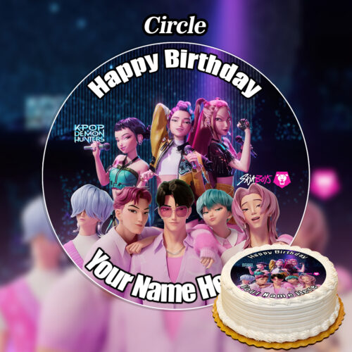 Celebrate with the Edible Kpop Demon Hunters Cake Topper (Copy), featuring animated K-pop style characters on a colorful background and Happy Birthday Your Name Here in bold white letters, as shown on a cake in the corner.