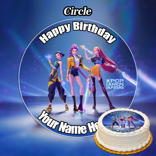 The Edible Liverpool Cake Topper Personalised features three animated KPOP DEMON HUNTERS female characters with weapons and custom text like Happy Birthday and your name.