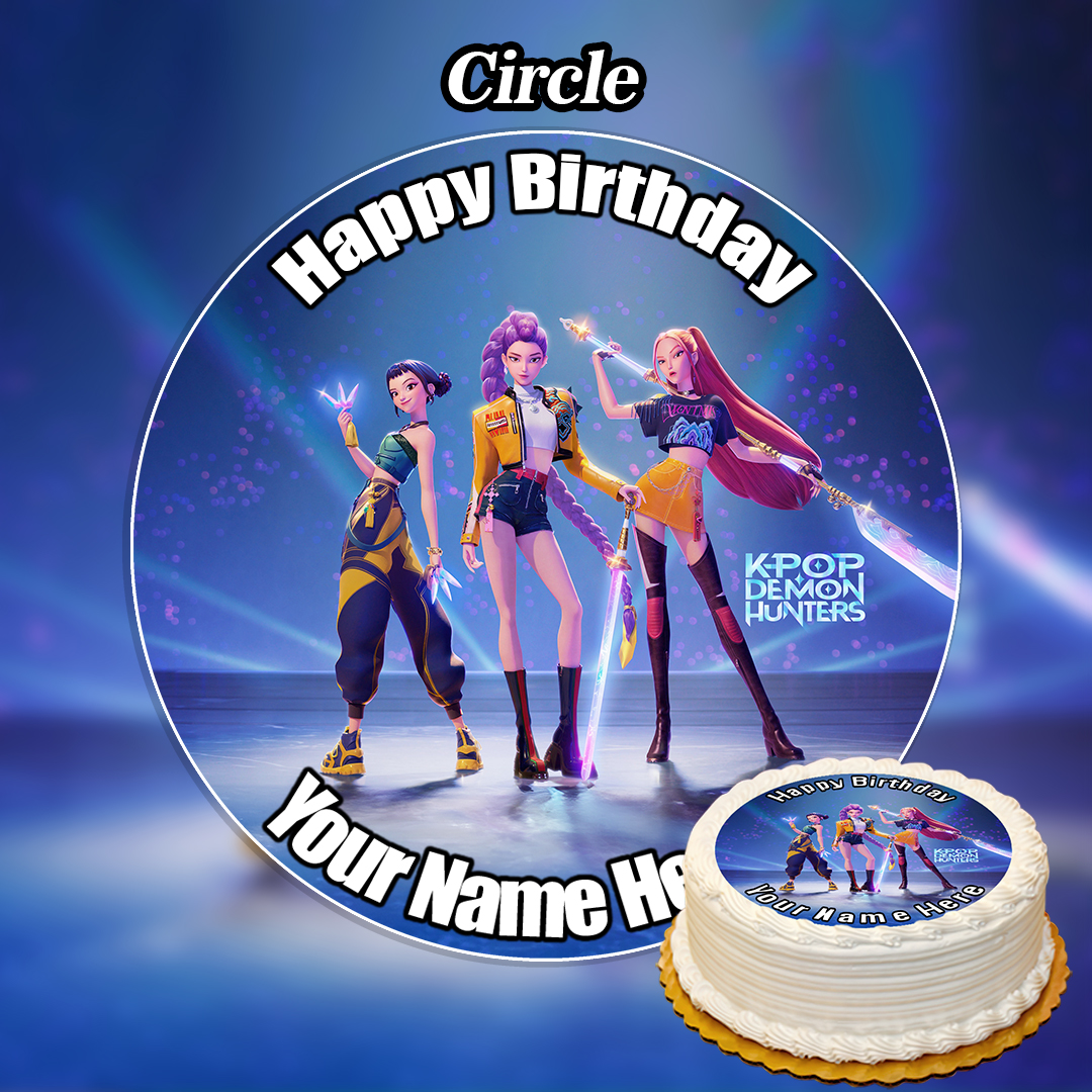 The Edible Liverpool Cake Topper Personalised features three animated KPOP DEMON HUNTERS female characters with weapons and custom text like Happy Birthday and your name.