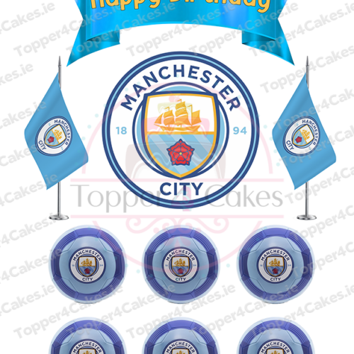 Celebrate like a true fan with Edible Manchester City Cutout Toppers: includes a blue Happy Birthday banner, two flags, the club logo, and six cupcake toppers—all featuring the City crest. Ideal for rival matches against Manchester United!.