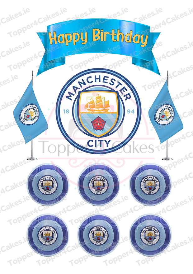 Celebrate like a true fan with Edible Manchester City Cutout Toppers: includes a blue Happy Birthday banner, two flags, the club logo, and six cupcake toppers—all featuring the City crest. Ideal for rival matches against Manchester United!.