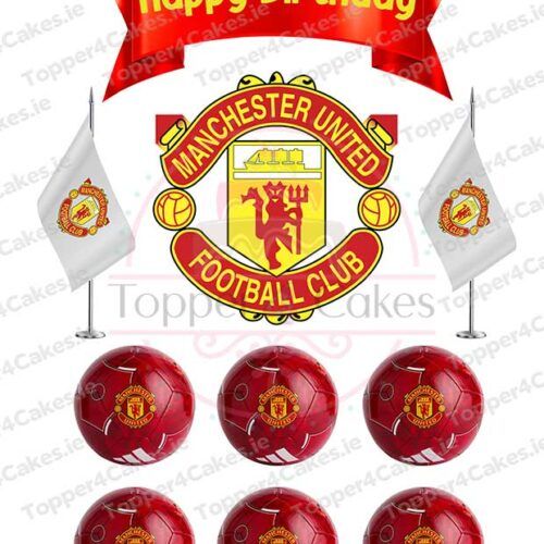 Edible Manchester United Cutout Toppers feature the club badge, two flags, six red footballs, and a "Happy Birthday" banner—ideal to pair with Liverpool Cutout Toppers for a true football fan celebration.