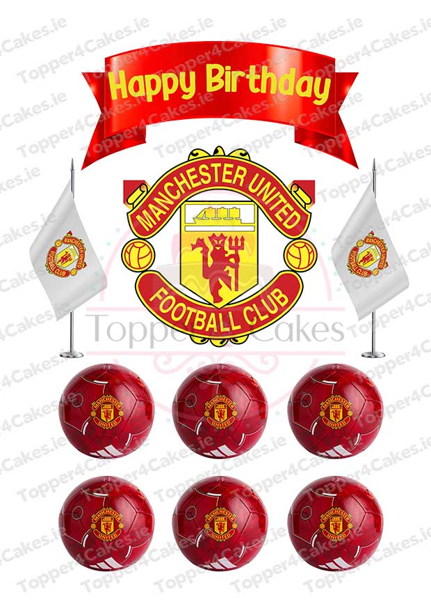 Edible Manchester United Cutout Toppers feature the club badge, two flags, six red footballs, and a "Happy Birthday" banner—ideal to pair with Liverpool Cutout Toppers for a true football fan celebration.