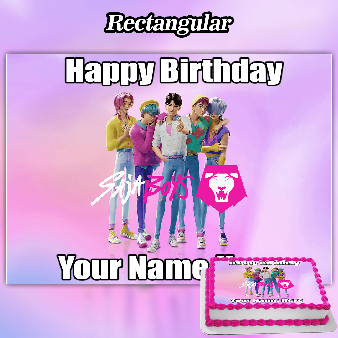 Celebrate with the Edible Saja Boys Kpop Demon Hunters Cake Topper—featuring five vibrant characters, a Happy Birthday Your Name message, and a Saja Boys logo. Personalize further with Liverpool Cake Decorations for a unique touch!.