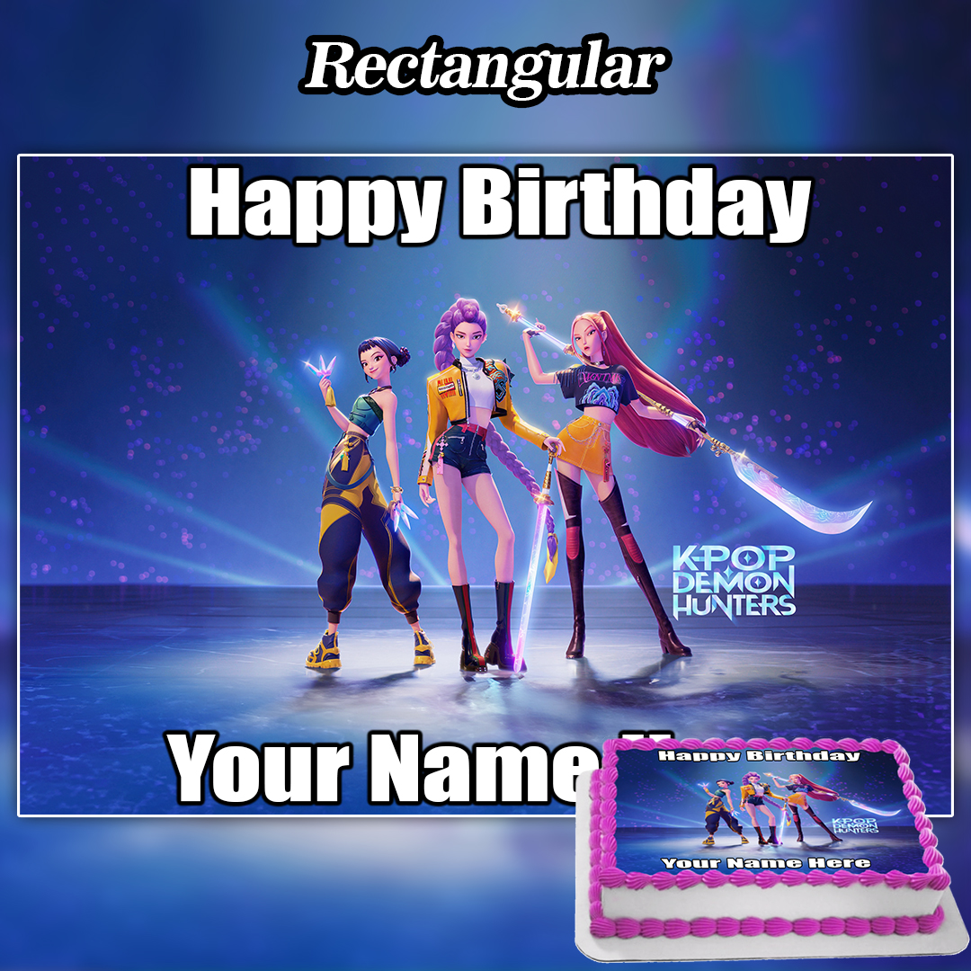 Rectangular birthday cake with three animated K-pop demon hunters, purple and blue background, Happy Birthday Your Name text, plus a smaller cake in the corner featuring an Edible Liverpool Cake Topper Personalised for unique charm.