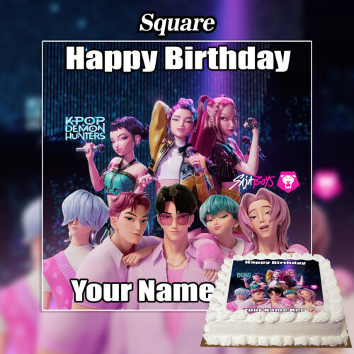 Celebrate with a birthday cake featuring the Edible Saja Boys and Huntrix Kpop Demon Hunters Cake Topper—nine colorful animated characters on a bright purple background, plus Happy Birthday Your Name for a fun, personalized touch.
