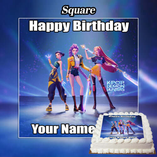 Square birthday cake design with three animated K-pop-style girls on a neon stage, Happy Birthday Your Name text, plus a preview of our Edible Liverpool Cake Topper Personalised (Copy) in the corner.