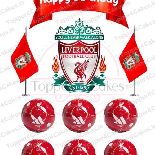 Celebrate with Liverpool Cutout Toppers: features a Happy Birthday banner, two Liverpool flags, the clubs crest, and six red football toppers with the official Liverpool logo—perfect for any fan’s party!.