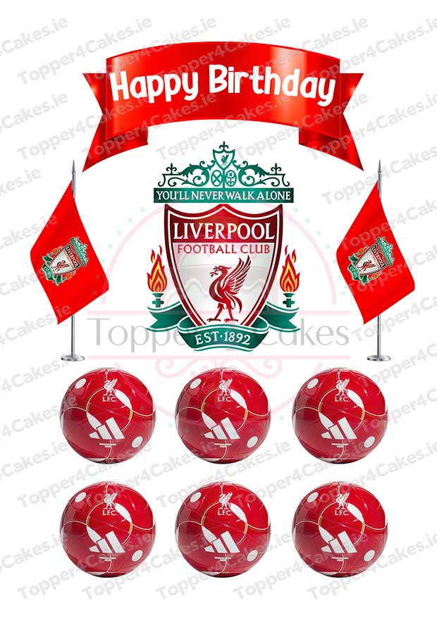 Celebrate with Liverpool Cutout Toppers: features a Happy Birthday banner, two Liverpool flags, the clubs crest, and six red football toppers with the official Liverpool logo—perfect for any fan’s party!.