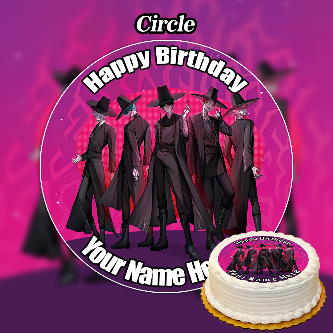 A round birthday cake with an Edible Cinnamoroll Cake Topper (Copy) featuring four tall characters in black hats and cloaks on a pink background, with “Happy Birthday Your Name Here” written on it.