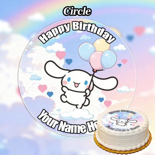 A round topper for the Personalized Edible Christening Boy Cake Topper with Picture (Copy) shows a cute cartoon bunny holding balloons, clouds, hearts, “Happy Birthday” at the top, and Your Name Here at the bottom.