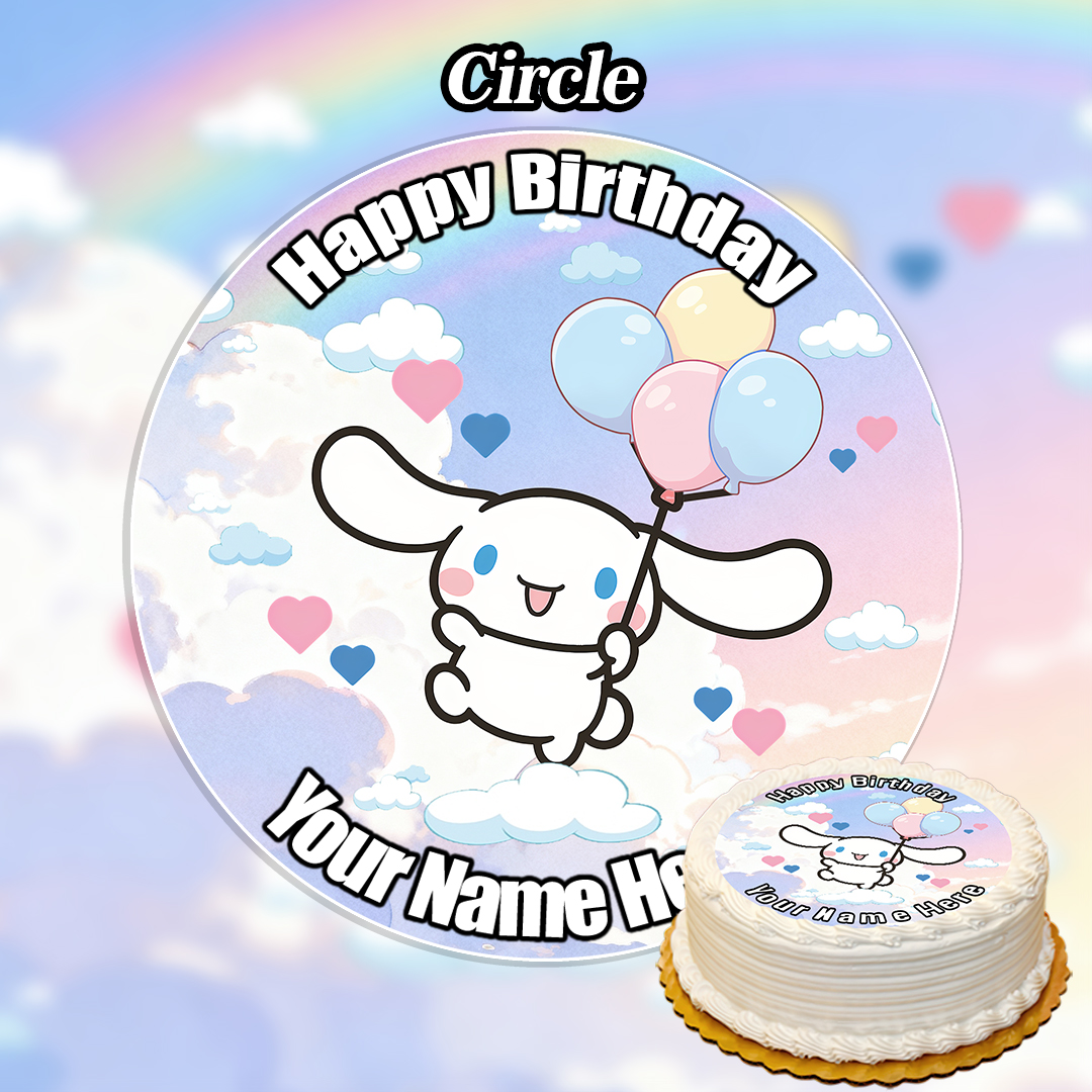 A round topper for the Personalized Edible Christening Boy Cake Topper with Picture (Copy) shows a cute cartoon bunny holding balloons, clouds, hearts, “Happy Birthday” at the top, and Your Name Here at the bottom.