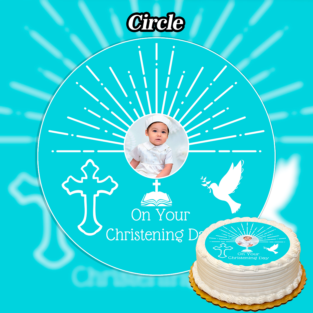 Personalized Edible Christening Boy Cake Topper with Picture features a baby’s photo, sunburst pattern, white cross, Bible, and dove. Text reads “On Your Christening Day.” Corner image shows a cake with matching topper.