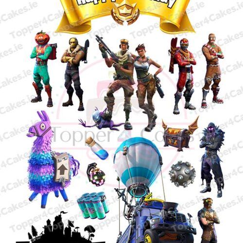 A collage featuring Fortnite characters, items, a llama pinata, an edible Manchester City Cutout Topper, a supply drop balloon, a Happy Birthday banner, and the Fortnite logo on a white background.