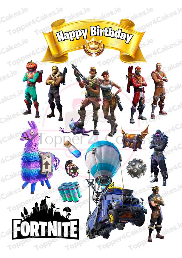 A collage featuring Fortnite characters, items, a llama pinata, an edible Manchester City Cutout Topper, a supply drop balloon, a Happy Birthday banner, and the Fortnite logo on a white background.
