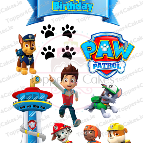 Edible Paw Patrol Blue Cutout Toppers feature cartoon pups, their lookout tower, the show's logo, a Happy Birthday banner, paw prints, and Ryder—perfect for creating themed cakes with colorful birthday decorations.