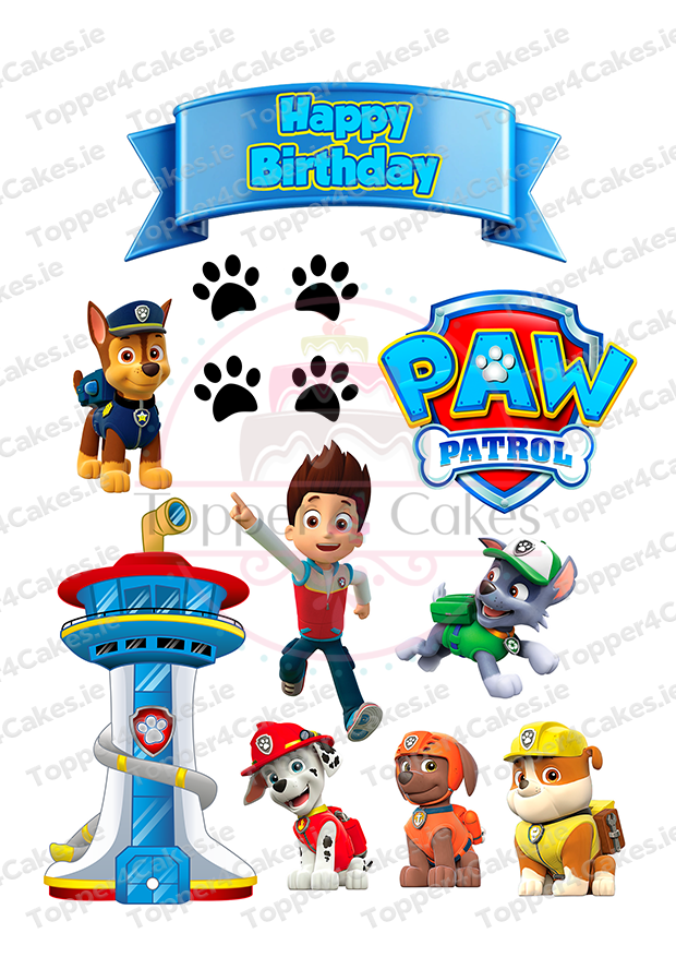 Edible Paw Patrol Blue Cutout Toppers feature cartoon pups, their lookout tower, the show's logo, a Happy Birthday banner, paw prints, and Ryder—perfect for creating themed cakes with colorful birthday decorations.