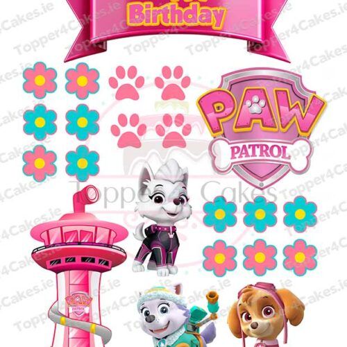 Edible Paw Patrol Pink Cutout Toppers: includes a Happy Birthday banner, pink paws, blue and pink flowers, logo, lookout tower, plus Everest and Skye for a themed cake with a fun twist.