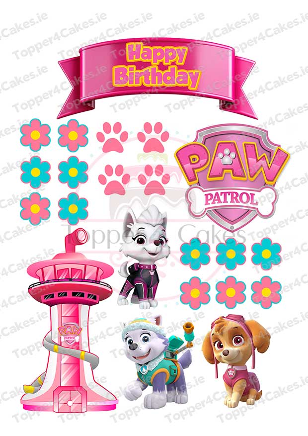 Edible Paw Patrol Pink Cutout Toppers: includes a Happy Birthday banner, pink paws, blue and pink flowers, logo, lookout tower, plus Everest and Skye for a themed cake with a fun twist.